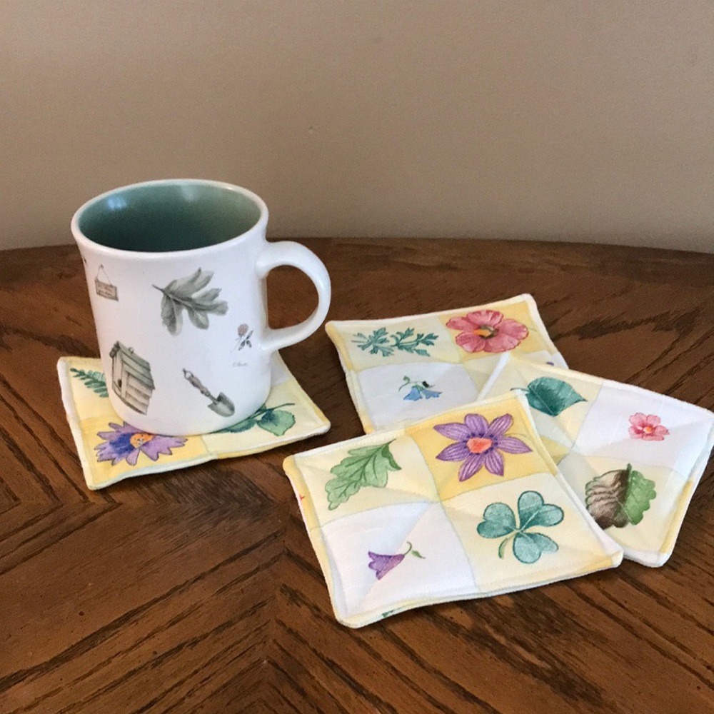 Handmade Fabric Floral Drink Coasters, Set of 4, Reversible, Mug Rugs
